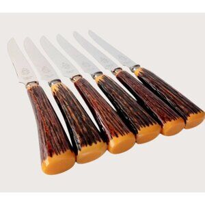 Vintage Sheffield England Steak Knives Set Of 6 With Faux Stag Handles & Stainle